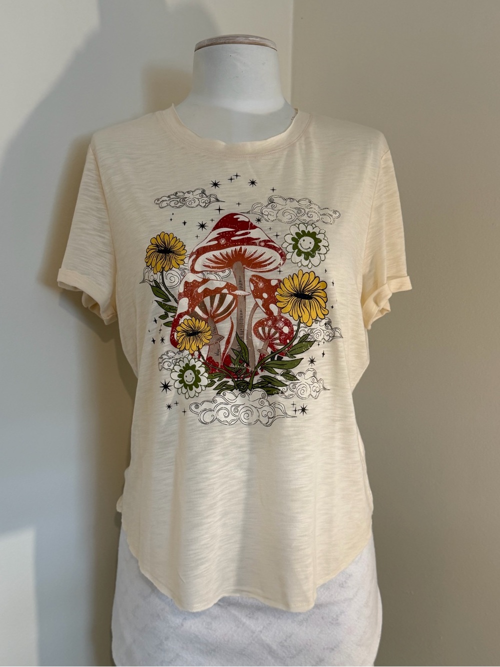 No Boundaries Cream Short Sleeve Tee with Red Mushroom & Yellow Floral Graphic